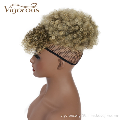 Vigorous Best Selling Wholesale Updo Ponytail Chignon With Bang Ombre Blonde Kinky Curly For Black Women Synthetic Afro Hair Bun